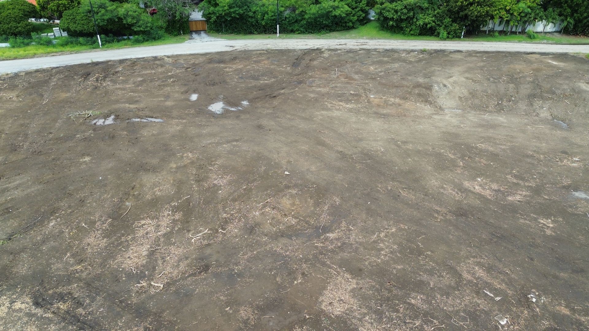 Vacant dirt plot with scattered debris and a road lined with trees in the background.